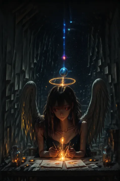 masterpiece, best quality, newest, dynamic angle, motion blur, downwards, (horoshiy_Hands), ((close-up of an ethereal girl)), upper body, portrait, ((colorful splash of effect, golden runes, angel halo, angel wings ,magic runes)), One Brown Eye, one silver...