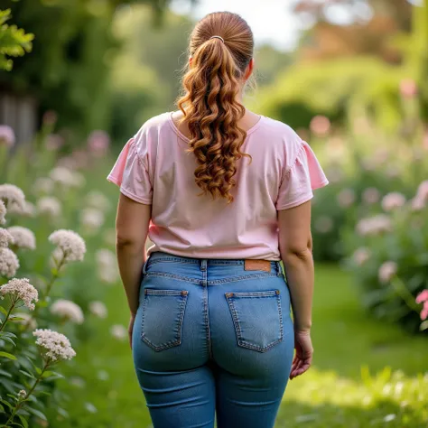 full rear body shot, low-angle view from behind, young woman, white European, light skin, round hips, curvy, slightly chubby, strawberry blonde long curly hair worn in a thick ponytail, light pink top, short flounced sleeves, high-waisted tight blue jeans,...