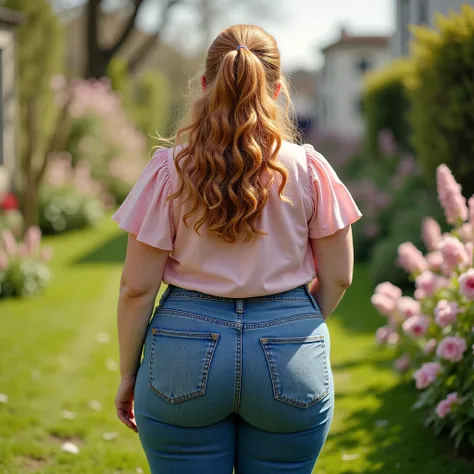full rear body shot, low-angle view from behind, young woman, white European, light skin, round hips, curvy, slightly chubby, strawberry blonde long curly hair worn in a thick ponytail, light pink top, short flounced sleeves, high-waisted tight blue jeans,...