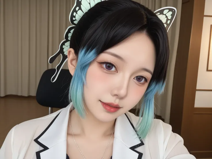 score_9, score_8_acima, score_7_acima, fonte_anime, shinobukochou, Shinobu Kochou naked , cabelo preto, borboleta, butterfly hair ornament,  detalhada, gradient hair, enfeite de cabelo, multicolored hair, franja repartida, Cabelo Roxo, cabelo curto, cabelo...