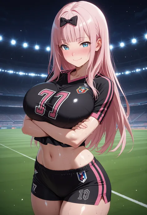 masterpiece, best quality, amazing quality,
1girl, solo, looking at viewer, blushing, light smile, seductive,
chika fujiwara, long hair, bangs, blue eyes, bow, pink hair, hair bow, blunt bangs, black bow, sportswear, soccer uniform, shirt, pink and black t...