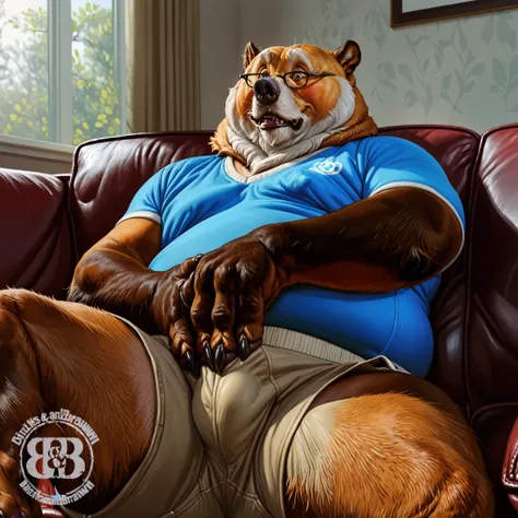 solo, semi-feral, grizzly bear, male, elderly male, mature male, jowls, graying muzzle, photorealistic, hyperrealistic, ultra detailed, ((by Oaks16, by BruteandBrawn, by Taran Fiddler, by Anhes)), fat, wide hips, thick thighs, blue shirt, short sleeves, we...