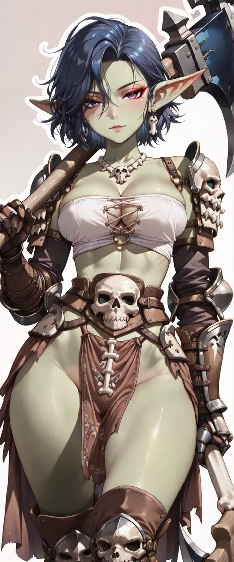 (masterpiece), best quality, expressive eyes, perfect face,1 girl, young woman, short hairs, blue eyes, looking at viewer, cowboy shot, seductive pose, serious, (( big breasts, brown embroidery, high leg, brown gauntlets, visible thighs, tight, brown boots...