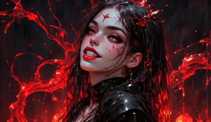 Créer une image d'une déesse fantastique parfaitement belle et époustouflante , visage époustouflant, magnifique, parfait et sexy, maquillage parfait, rouge à lèvres, sourcils arqués, longs cils luscious, eye-liner noir, cheveux longs et soyeux, dents de v...