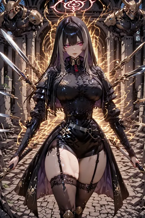 taken from above、caveの中、Ruins、black suit、black longsuit、 black long jacket、ゴスロリなshirt、Depressed、Tall Woman、A woman in her thirties、 Alassah's woman、Steins;Gate、 black longsuit 、score_9, score_8_up, score_7_up, Source_anime,masterpiece、No expression、no make...