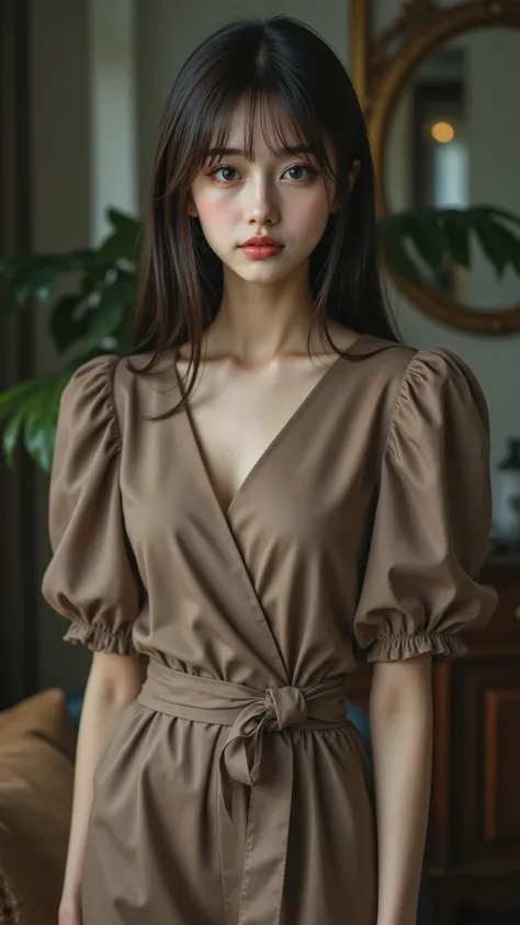 Young Woman Wearing a Cybersuit, Fluffy sleevesと深いV-neck. wide sash tightens the waist, Adding Clarity to Flowing Clothes. straight, (Babyface, Model face), Dark Brown Hair Transmits Neatly from Her Shoulders, Fluffy sleeves, V-neck, Slender Sash, glossy h...
