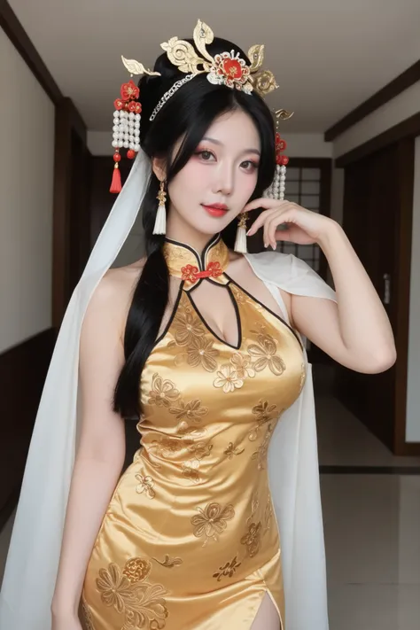 Photograph of a Chinese woman with big eyes, corpo perfeito, bela, grampo de cabelo, joias, red and golden dress, , princesa chinesa, 25 anos de idade, natural white human skin, mamilos duros (underwear), wearing traditional costume from ancient China, sei...