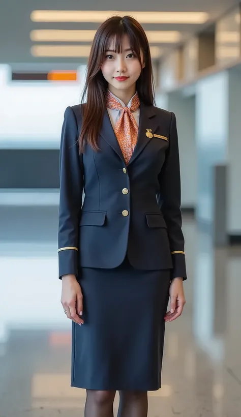 A beautiful Japanese female flight attendant、wearing a fitted navy blue blazer, knee-length skirt, clean white blouse, orange and white patterned neck scarf, I'm standing in an airport aisle wearing black stockings and black high heels. The flight attendan...