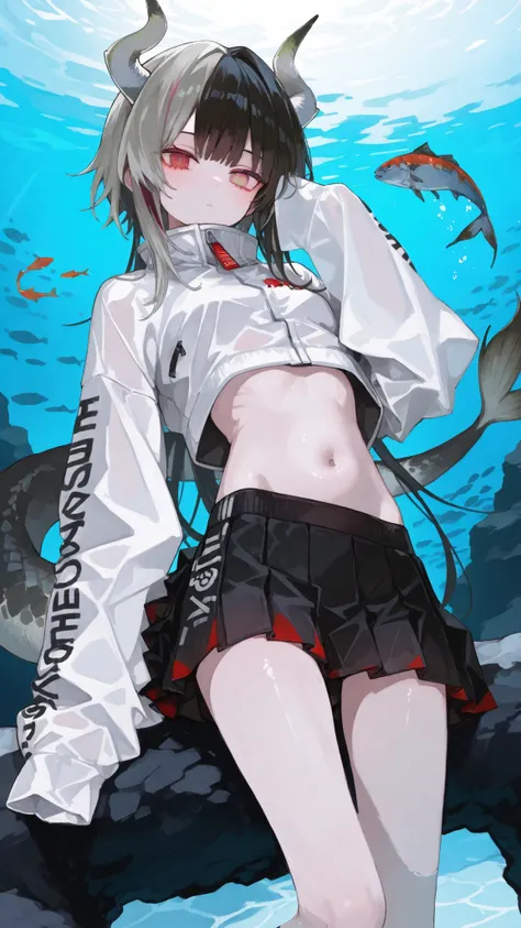 Dragon Girl, Black hair,Light red highlights, in light red eyes,, gray hair,I'm coloring it.,Clothing Sleeves Past Wrists Sleeves Past Fingers Moesode,miniskirt,With fish tail,Bull Hill,slim,belly,Pleated skirt, swimming pants 