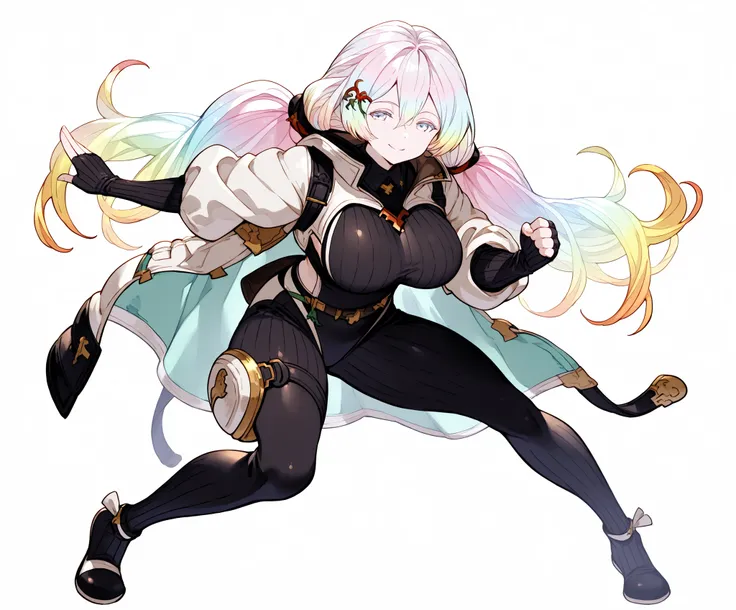 score_9, score_8_up, score_7_up, anime_source, BREAK, 1 girl, cupitan \(granblue fantasy\), cpsd, aquamarine eyes, long hair, multicolored hair, low pigtails, hairpin, happy smile, confident stance, detached black collar, multicolored bandana, elbow-length...