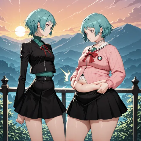masterpiece,best quality,highres illustration,detailed face,weight difference,2girls,looking at another,plump,skinny,stocking midriff, sunset, (nice legs) yukaridef (midriff peek) , (weight conscious:1.3) (belly flash:1.2), gekkoukan high school uniform, ...