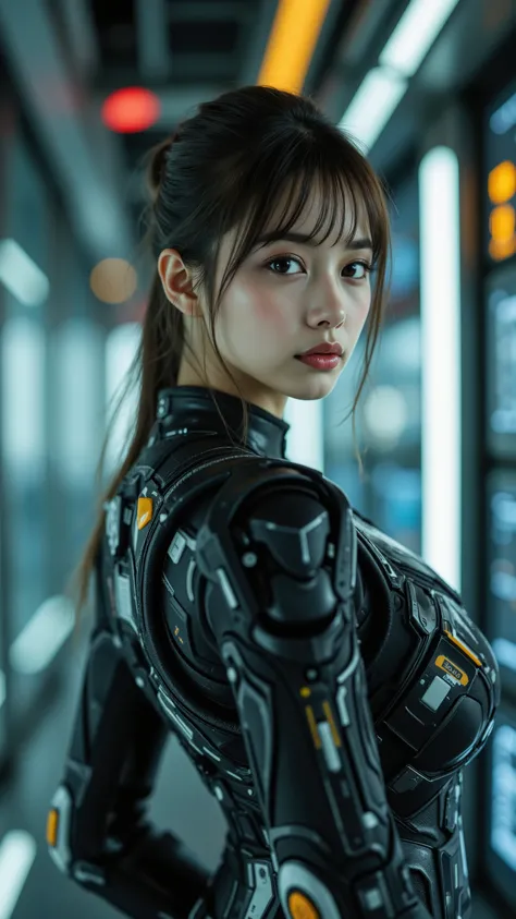 best quality, top quality, masterpiece, techno operator woman wearing a black tight cyber suit, perfect body, floating, Energy tower mainframe console, Babyface, Young face, Energy Tower mainframe console shining through layers of glass, Viewpoint seen fro...