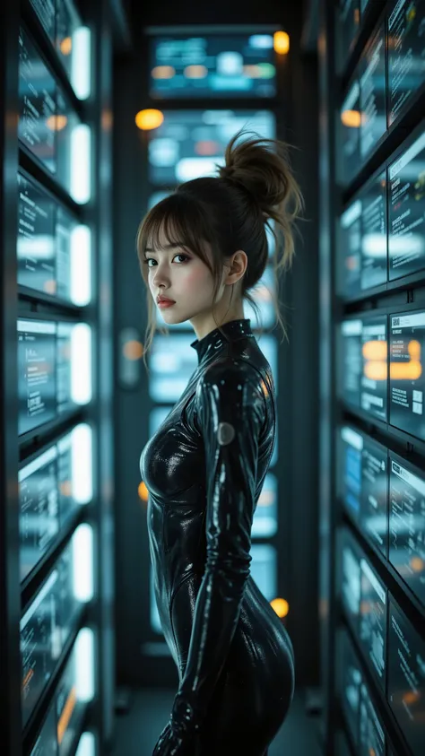 best quality, top quality, masterpiece, techno operator woman wearing a black tight cyber suit, perfect body, floating, Energy tower mainframe console, Babyface, Young face, Energy Tower mainframe console shining through layers of glass, Viewpoint seen fro...