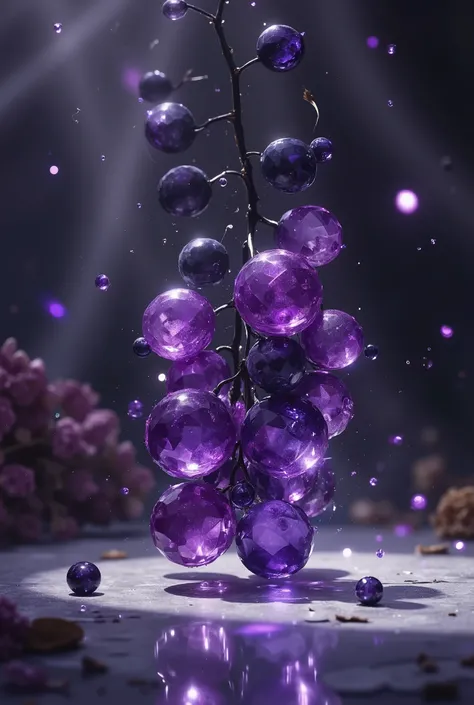 🍇 Central Subject:
A delicate sprig of glass berries, each one a perfectly faceted purple bead, clustered like ripe black currants. The berries are translucent amethyst and deep violet, with:
Geometric facets catching light like cut gemstones, creating pri...