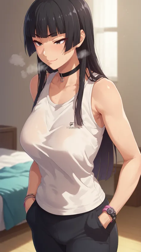         Takeda Hiromitsu Style  ,1 girl,  tomboy , anatomically correct gal gyaru  ,,  illustration, Anatomically correct,  black neck strap, long hair, Hime cut,  black hair   , Body breathing ,   closed mouth  ,  bedroom, standing , alone , naughty face ...