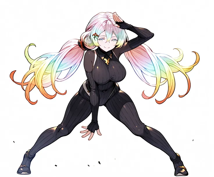 score_9, score_8_up, score_7_up, anime_source, BREAK, 1 girl, cupitan \(granblue fantasy\), cpsd, aquamarine eyes, long hair, multicolored hair, low pigtails, hairpin, happy smile, confident stance, detached black collar, multicolored bandana, elbow-length...