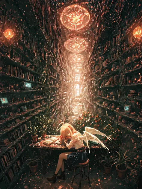 The girl is sitting in a spacious area, filled with bookshelves,  arches with a very high ceiling . On one wall there is a giant electronic screen, that displays various street surveillance footage in split screen mode. Surrounding The bookshelves are fill...