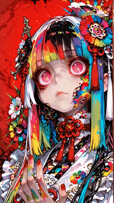 Woman, solo, red nails, staring at viewers, Bang, pink eyes, long hair, hair ornament, hand up, Murakami Takashi's Flower, blunt Bang, closed mouth, Tassel, ribbon, Portrait, colorful, red background, frills, multi-colored hair, upper body,((colorful)),((...