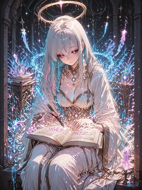 rich,A beautiful woman, ethereal female writer, with a floating pen, sitting in a floating archive, surrounded by glowing ancient books, silver long hair, fluttering in the air, white and gold robe with mystical ornaments, , a glowing book-shaped halo abov...