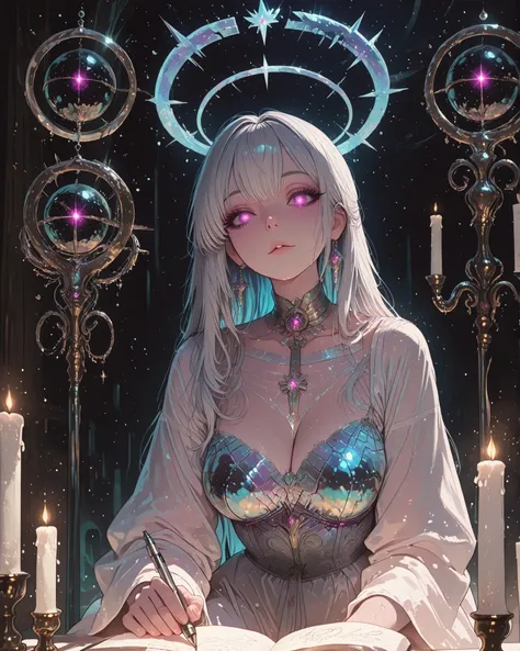 rich,A beautiful woman, ethereal female writer, with a floating pen, sitting in a floating archive, surrounded by glowing ancient books, silver long hair, fluttering in the air, white and gold robe with mystical ornaments, , a glowing book-shaped halo abov...