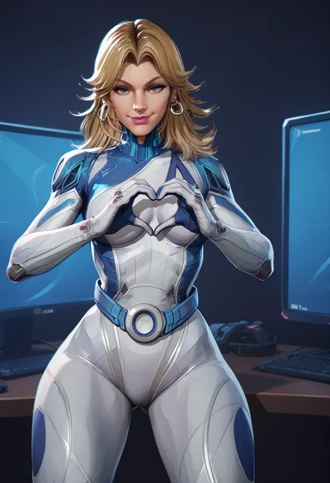 score_9 , score_8_up , score_7_up,, eyeliner, blue eyes, r1vals. blue belt, blue bodysuit, long legs, narrow waist, number print, skin tight, toned, two-tone bodysuit,  white bodysuit, ((gloves)), blue gloves, The setting is a big gamer room, with neon blu...