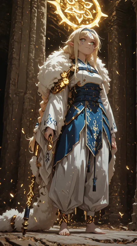 A young male character, short in height (about 1.5 meters), pre-teen body proportions similar to Lloyd from Dainanaoji. His face has the exact design of Vanitas from Vanitas no Carte but with glowing golden eyes full of intensity. His hair is long, blonde,...