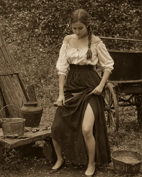 late 19th century American frontier girl, sepia tone, faded colors, heavy film grain, scratched and creased edges, soft vignetting, slight blur, high contrast, vintage silver gelatin print style, full‑body view of a seductive pioneer girl with a lean physi...