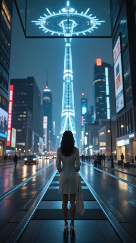 (best quality, top quality, masterpiece), top qualityの黒いタイトなサイバースーツを着たテクノオペレーターの女性が、connects neural links to the mainframe console of a floating energy tower {x}. Babyface, The entire city shines on a layer of glass、AI light is illuminated, Viewpoint seen ...