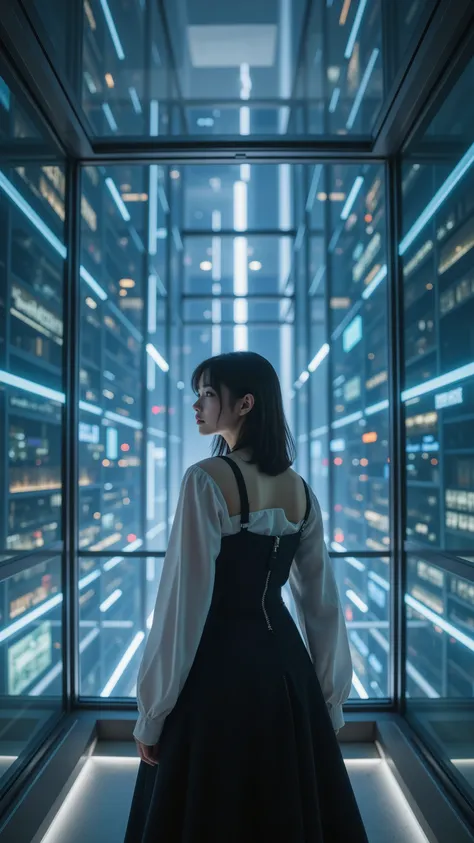 (best quality, top quality, masterpiece), top qualityの黒いサイバースーツを着たテクノオペレーターの女性が、connects neural links to the mainframe console of a floating energy tower {x}. Babyface, behind her、The entire city shines on a layer of glass、AI light is illuminated, Viewpoi...