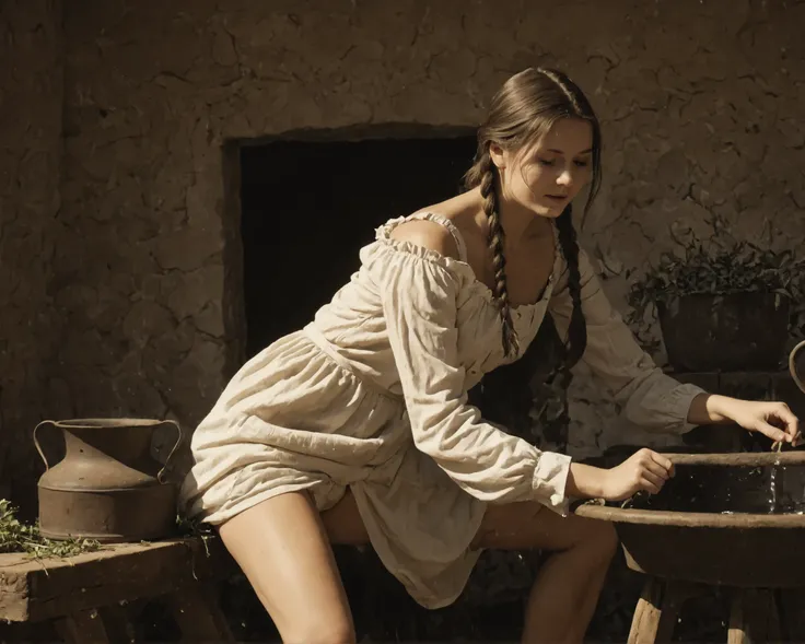 late 19th century American frontier girl, sepia tone, faded colors, heavy film grain, scratched and creased edges, soft vignetting, slight blur, high contrast, vintage silver gelatin print style, full‑body view of a seductive pioneer girl with a lean physi...