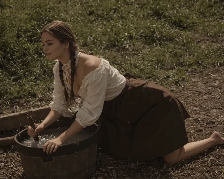 late 19th century American frontier girl, sepia tone, faded colors, heavy film grain, scratched and creased edges, soft vignetting, slight blur, high contrast, vintage silver gelatin print style, full‑body view of a seductive pioneer girl with a lean physi...