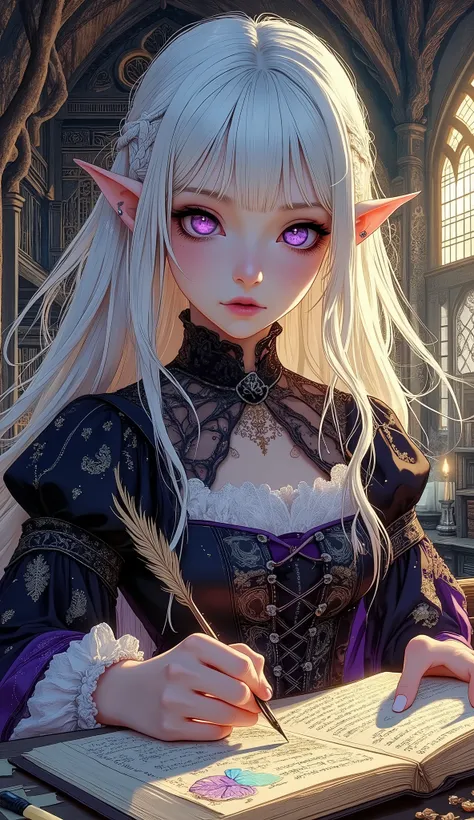 (A fusion of Ukiyo-e and dark fantasy. Aesthetic and gothic digital art. Draw a detailed face. Look away.) BREAK
(White hair. Blunt bangs. White eyebrows. Long white eyelashes. Almond-shaped eyes. Lavender eyes. Dark, thick eyeliner. Small pink lips. Slig...