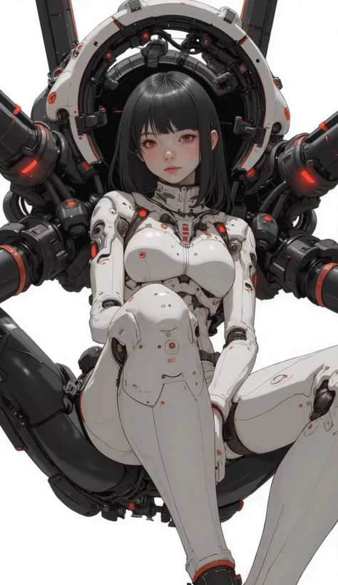 Young woman in the center cockpit of a futuristic mecha Sitting, is a spider-like mecha suit, gives off an aura of confidence and control. Her Outfit, highlight the contours and components of the, Seamlessly blends with the robotic aesthetics surrounding h...