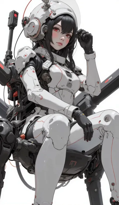 Young woman in the center cockpit of a futuristic mecha Sitting, is a spider-like mecha suit, gives off an aura of confidence and control. Her Outfit, highlight the contours and components of the, Seamlessly blends with the robotic aesthetics surrounding h...