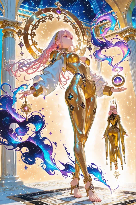 (obra-prima:1.4), (qualidade superior:1.3), (ultra detalhado:1.2), ((1 garota divina)), ((heavenly female silhouette:1.3)), ((harmonious natural curves:1.2)), ((perfect eteric proportions:1.3)), ((fitted white and gold bodysuit:1.4)), ((sparkling sacred de...