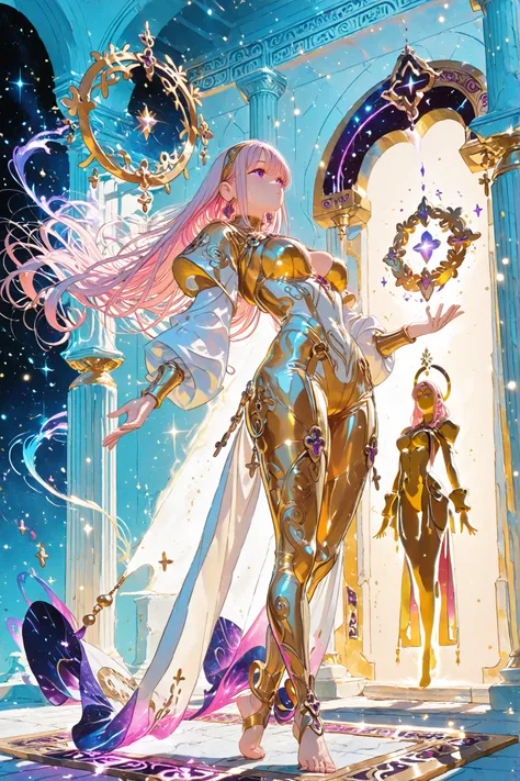 (obra-prima:1.4), (qualidade superior:1.3), (ultra detalhado:1.2), ((1 garota divina)), ((heavenly female silhouette:1.3)), ((harmonious natural curves:1.2)), ((perfect eteric proportions:1.3)), ((fitted white and gold bodysuit:1.4)), ((sparkling sacred de...