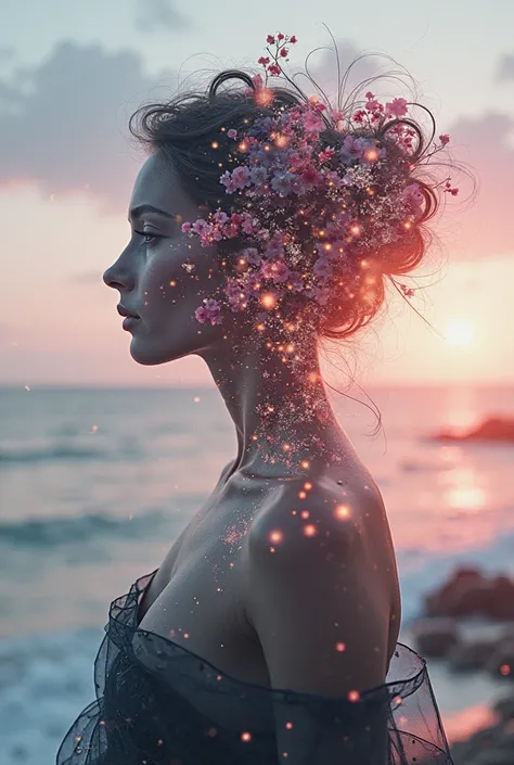 High quality, 8K Ultra HD, Una hermosa double exposure que combina una silueta de diosa con la costa al atardecer, the coast at dusk should serve as a backdrop, with its details incorporated in the goddess, sharp lines, The background is monochrome, sharp ...