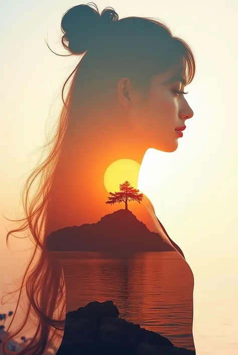 High quality，8k ultra high definition，美丽的Doubleexposure，combines the silhouette of the goddess with the sunset coast，The sunset coast should be used as the bottom background，details are incorporated into the goddess's silhouette，Clear lines，The background ...