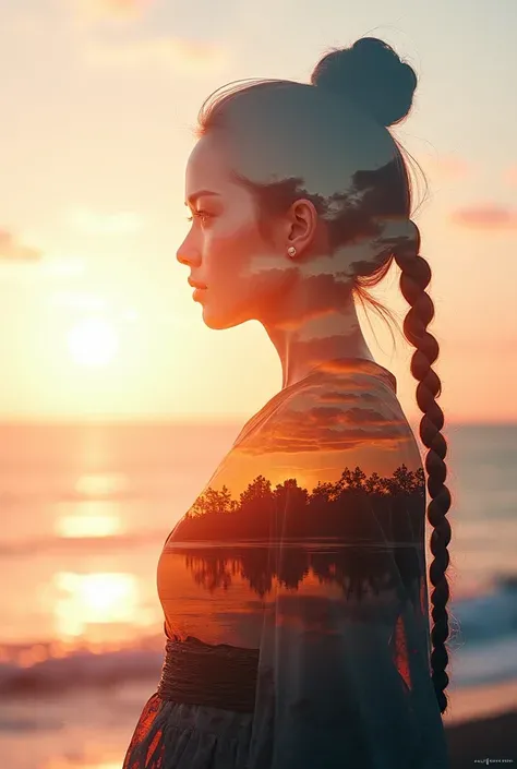 High quality，8k ultra high definition，美丽的Doubleexposure，combines the silhouette of the goddess with the sunset coast，The sunset coast should be used as the bottom background，details are incorporated into the goddess's silhouette，Clear lines，The background ...