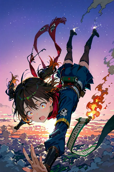 anime rookie ninja girl launched into the air by a failed ninja technique, shocked expression, smoke and fire below her, scroll flying out of her hand, scarf trailing, hair blown upward, midair chaos, sunset sky with sparkles, comedy action style, neo-anim...