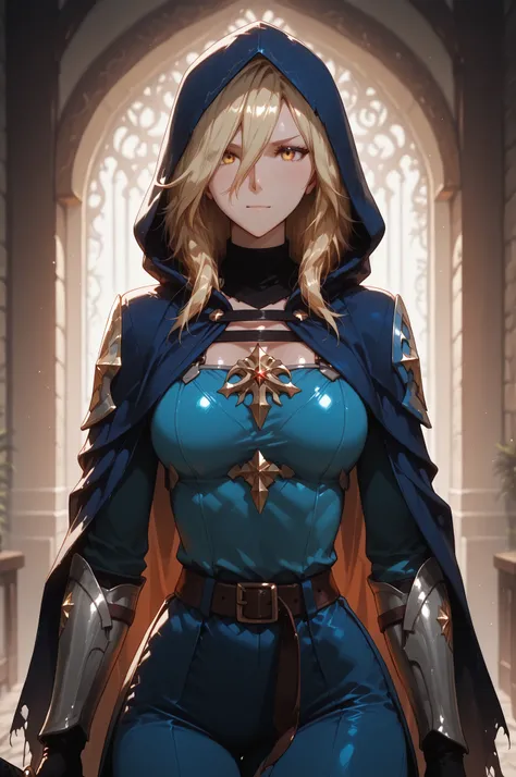 Solo; 1 Shokolade, jormugand Shokolade, athletic toned body, wears a blue armored hooded cloak that drapes over a rugged tunic, giving off a medieval or fantasy vibe, straps and belts wrap around the chest and waist, securing a sword at their side. The che...