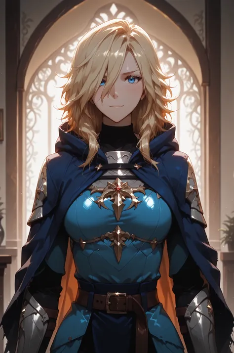 Solo; 1 Shokolade, jormugand Shokolade, athletic toned body, wears a blue armored hooded cloak that drapes over a rugged tunic, giving off a medieval or fantasy vibe, straps and belts wrap around the chest and waist, securing a sword at their side. The che...