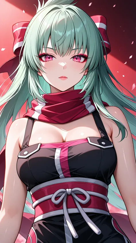 solo, kanzaki_saya,  long hair, mature woman, Tight waist、Small waist、shiny Skin ,  (upper body), ninja, ninja clothes, Green ninja scarf, ethereal beauty, 