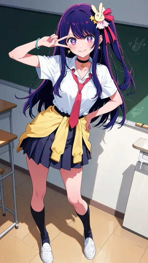 
    hoshino ai   \(Oshi no ko\), Oshi no ko, çµç¹    ,   long hair,     purple eyes,   purple hair, star-shaped eyes,   Symbol that grabs the hip, score_9, full body, alone, score_9, Falda, shirt, joyería, school uniform, white shirt, pleated Falda, earrings, tie, choker, bracelet, blue Falda, checkered, black choker, checkered Falda, moccasins, mini Falda,  Shoes, interiores, classroom, V,
