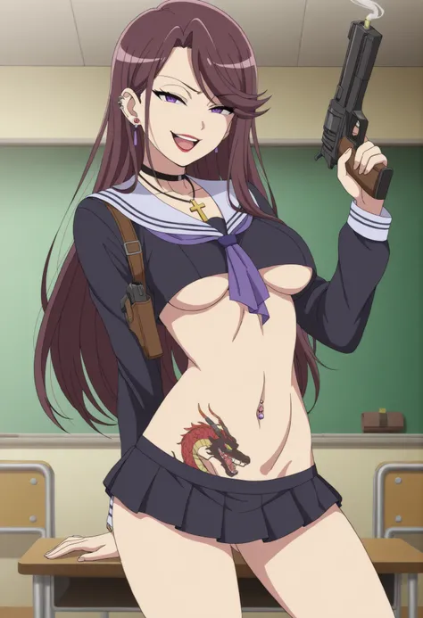 masterpiece, best quality, amazing quality, 1girl,
 KJOasis, brown hair, purple eyes,   swept bangs, lipstick, 
, serious,  looking at viewer, slim belly,
cross necklace,,, open mouth, cowboy shot,,naughty face expression,ear piercing, long hair, , lipstic...