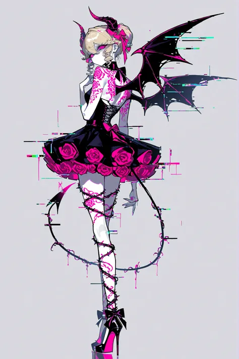 m3t4l,glowing,glitch,(xxx667_illu,)The mature adult woman/ demonic entitie, succubus. She has a busty figure, a small waist,  and long legs. she has light pink-blonde curly hair gathered in updo bun, some curls are escaping from her hairstyle. Her eyes are...