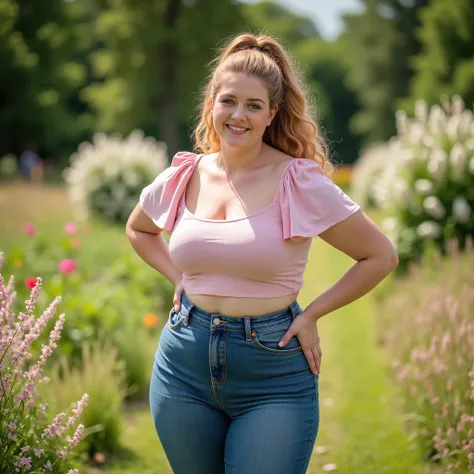 full body shot, young woman, white European, light skin, round cute face, round hips, curvy, strawberry blonde long curly hair worn in a thick ponytail, light pink top, short flounced sleeves, high-waisted tight blue jeans, tight denim stretched over curvy...