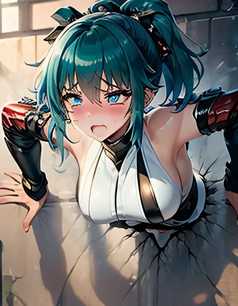 （（（ＳＦＷ、Highest quality、First Class Masterpiece、normal body standing in a daze 、32k、detailed face、super precise、Normal Hand、5 fingers、Highest）））、Beautiful girl、 Silver Hair、Blue pupil、short hair、Slim、slender、Kunoichi、female ninja、Sexy High Leg Shinobi Outfi...