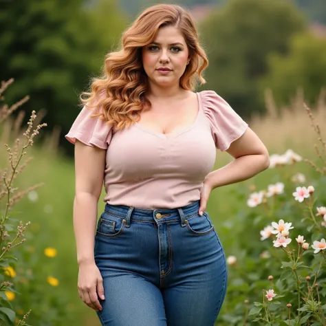 full body shot, young woman, white European, light skin, round cute face, round hips, curvy, strawberry blonde long curly hair worn in a thick ponytail, light pink top, short flounced sleeves, high-waisted tight blue jeans, tight denim stretched over curvy...