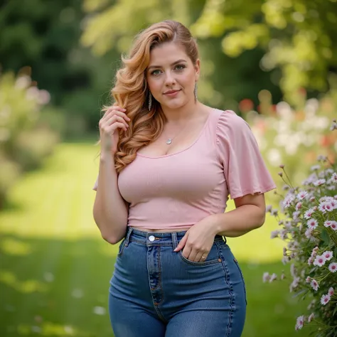 full body shot, young woman, white European, light skin, round cute face, round hips, curvy, strawberry blonde long curly hair worn in a thick ponytail, light pink top, short flounced sleeves, high-waisted tight blue jeans, tight denim stretched over curvy...